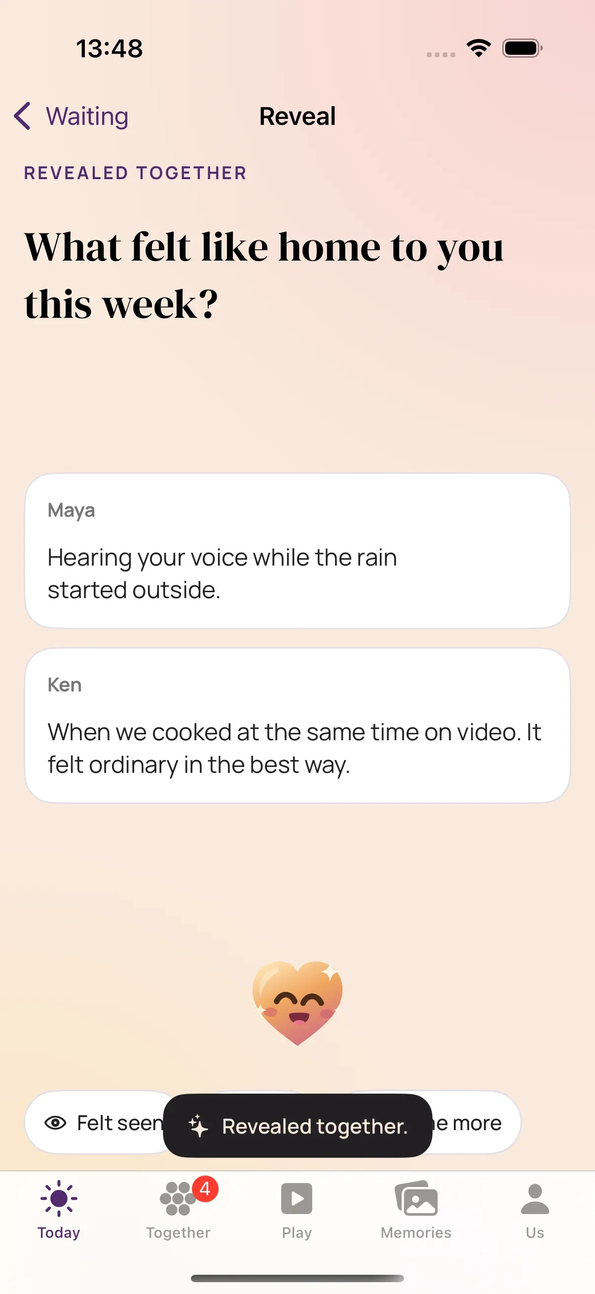 Daily prompt revealed together: Maya and Ken’s answers to “What felt like home to you this week?”