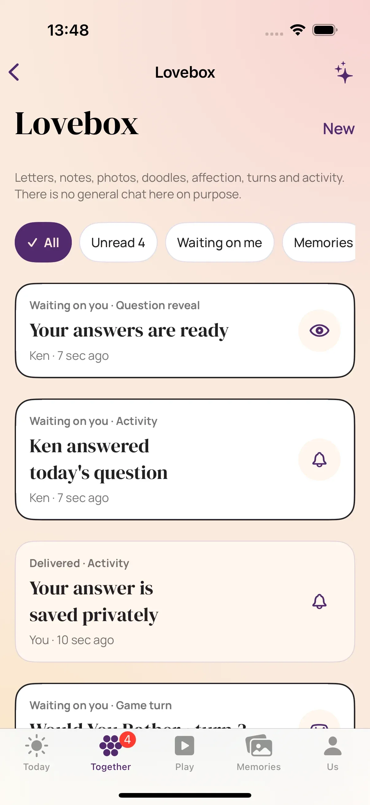Lovebox inbox with waiting arrivals from Ken, including a question reveal and a game turn