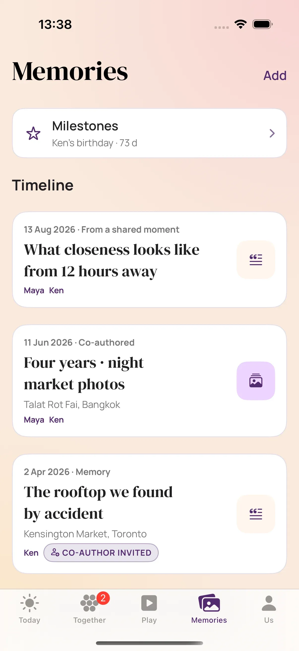 Memories timeline with Ken’s birthday milestone and shared moments from Bangkok and Toronto