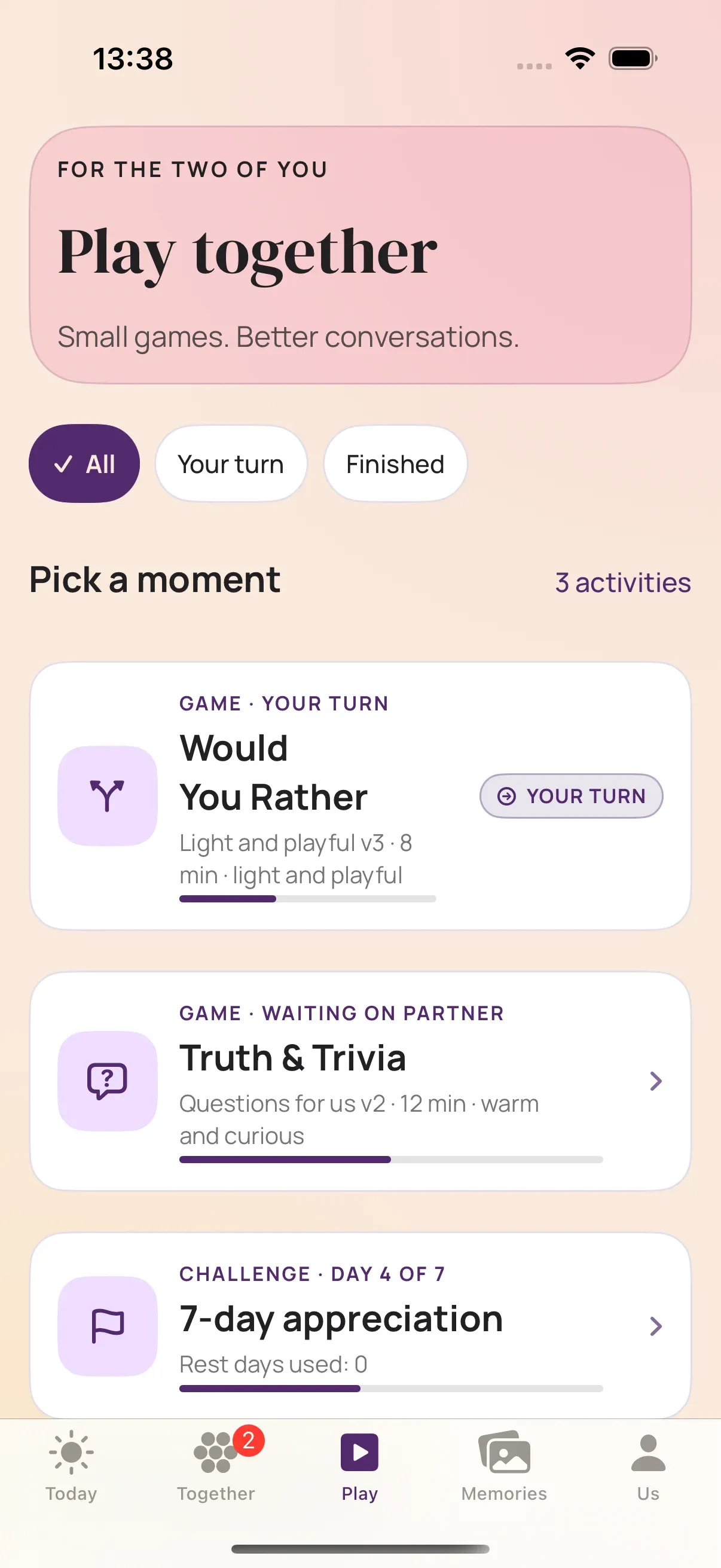 Play tab with Would You Rather on your turn, Truth & Trivia waiting, and a 7-day appreciation challenge