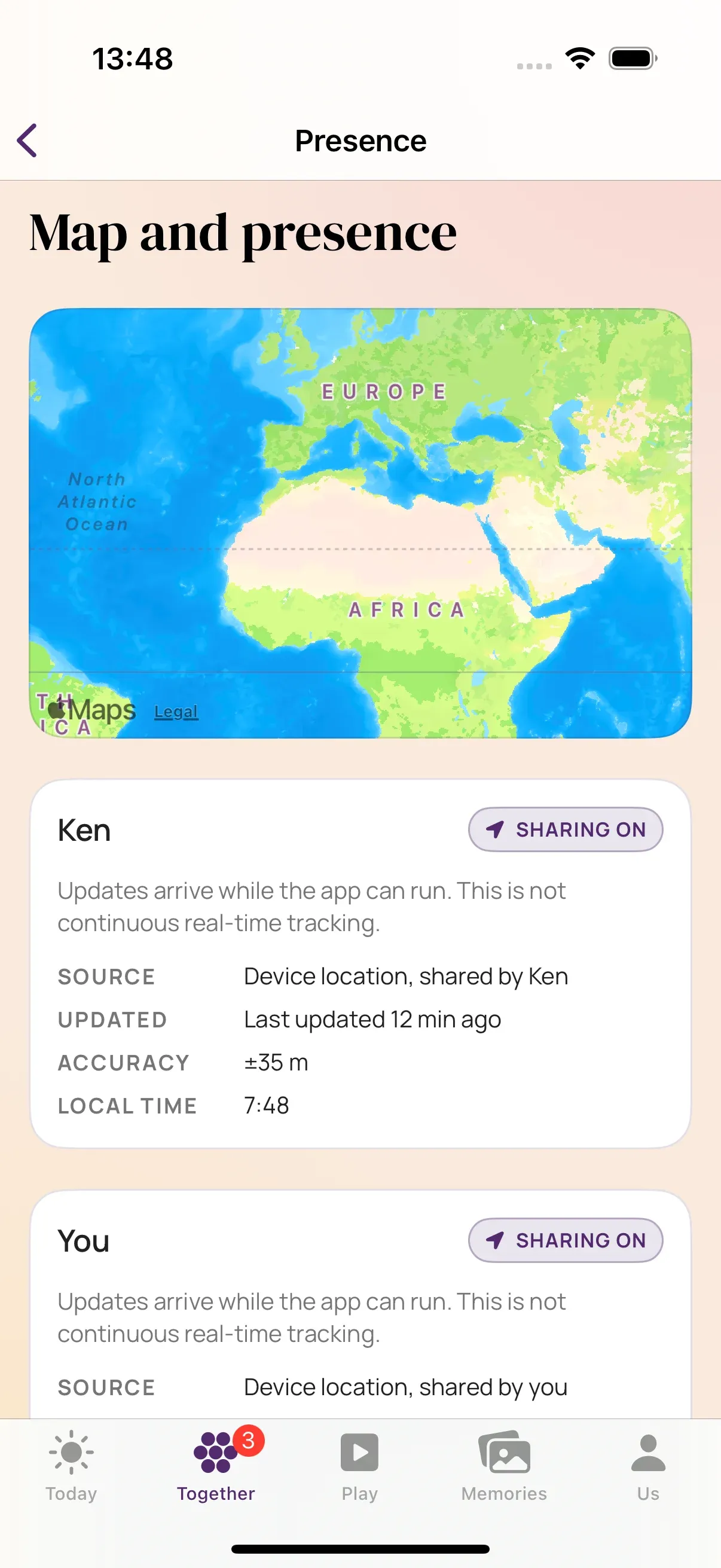 Presence map with Ken’s location, last-updated time, accuracy, and sharing-on labels
