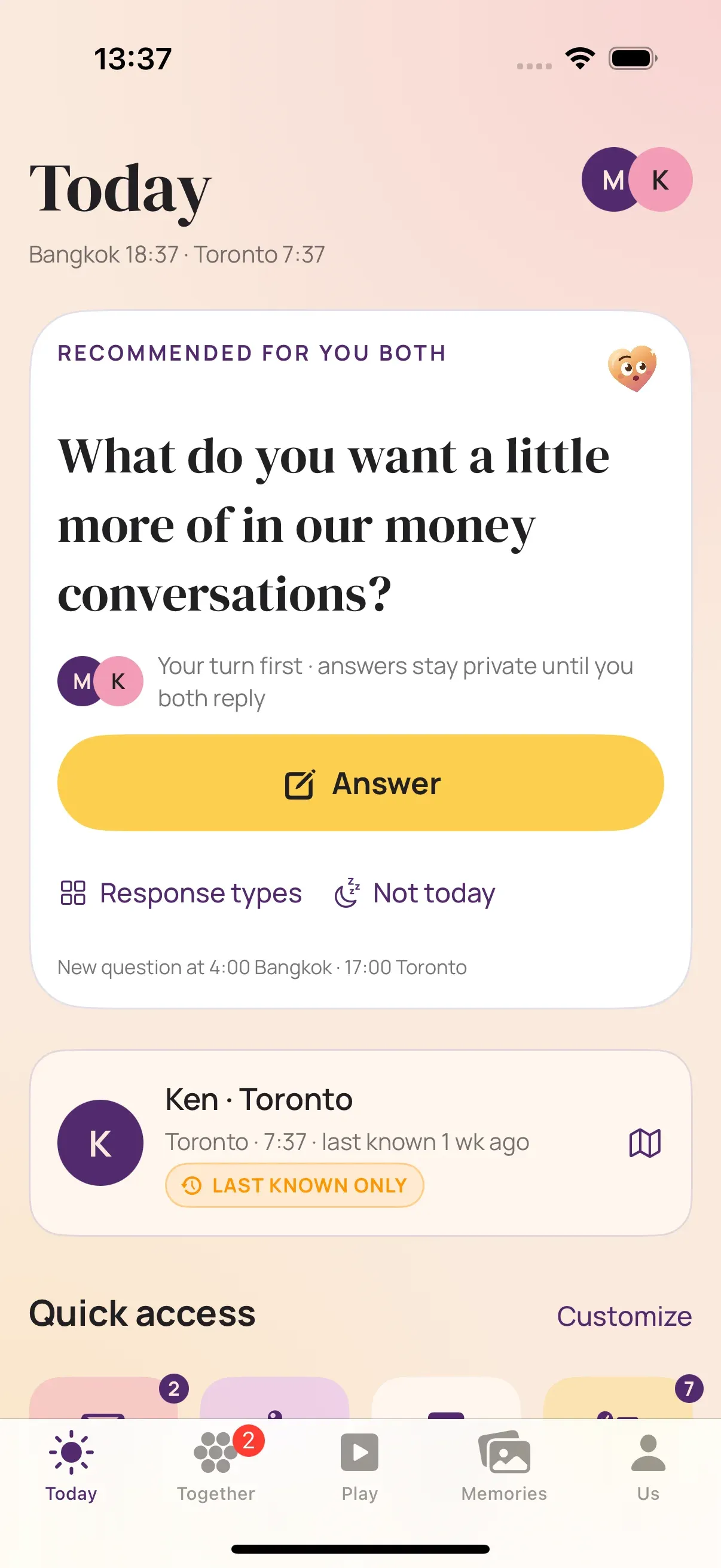 Adoring Today screen with the daily prompt, Bangkok and Toronto clocks, and Ken’s last-known location