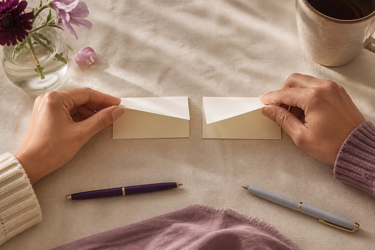 Two people lifting blank answer cards at the same time