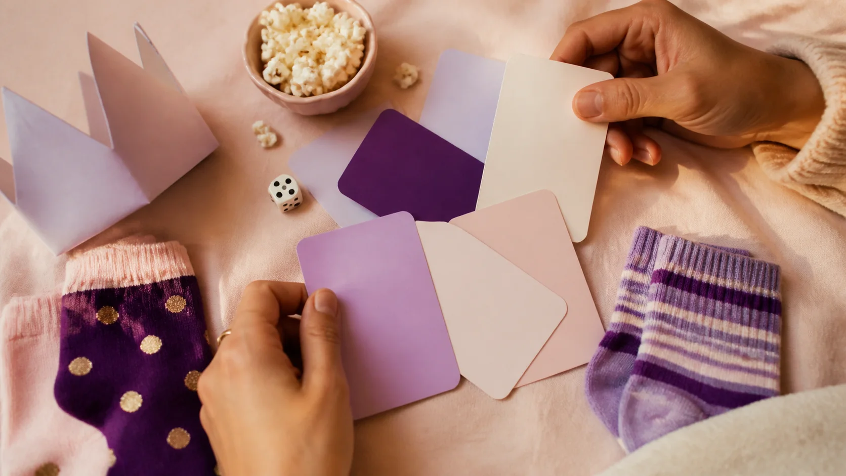Two people choosing colorful blank cards beside snacks, dice, and mismatched socks