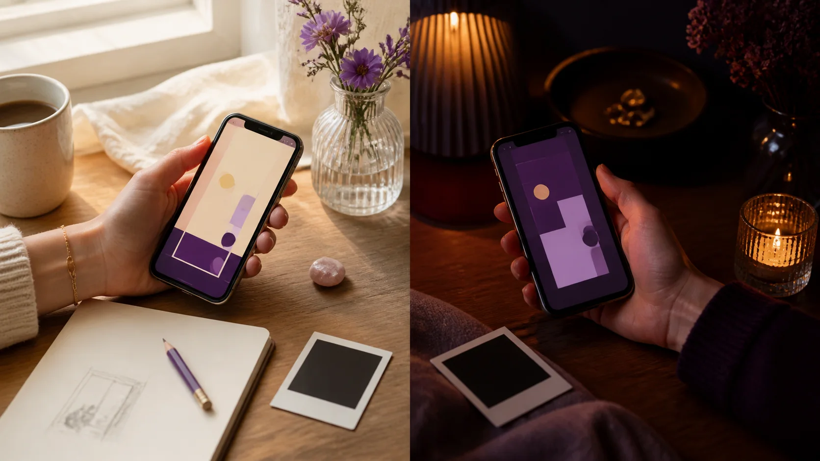 Two people in different spaces holding phones with matching abstract game screens