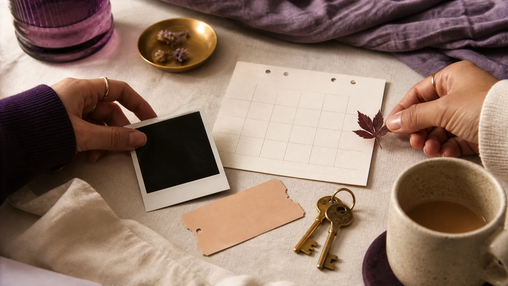Two people arranging a blank photo, keys, calendar, and pressed leaf on a table