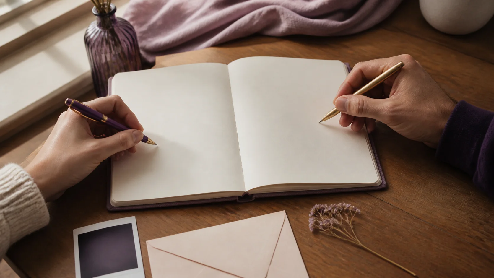 Two people holding pens over the blank pages of a shared journal